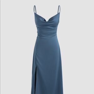 Cider Blue Cowl Neck Slit Satin Maxi Dress